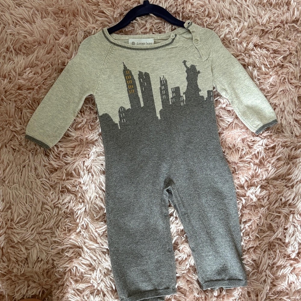 Lucky Jade Cream and Gray Skyline Knit Baby One-Piece